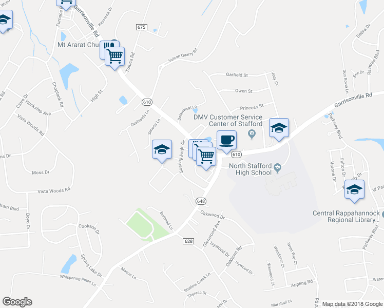 map of restaurants, bars, coffee shops, grocery stores, and more near 19 Soaring Eagle Dr in Stafford