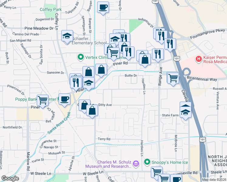 map of restaurants, bars, coffee shops, grocery stores, and more near 1532 Russell Avenue in Santa Rosa