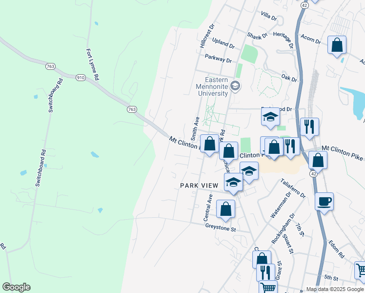 map of restaurants, bars, coffee shops, grocery stores, and more near 1341 Mount Clinton Pike in Harrisonburg