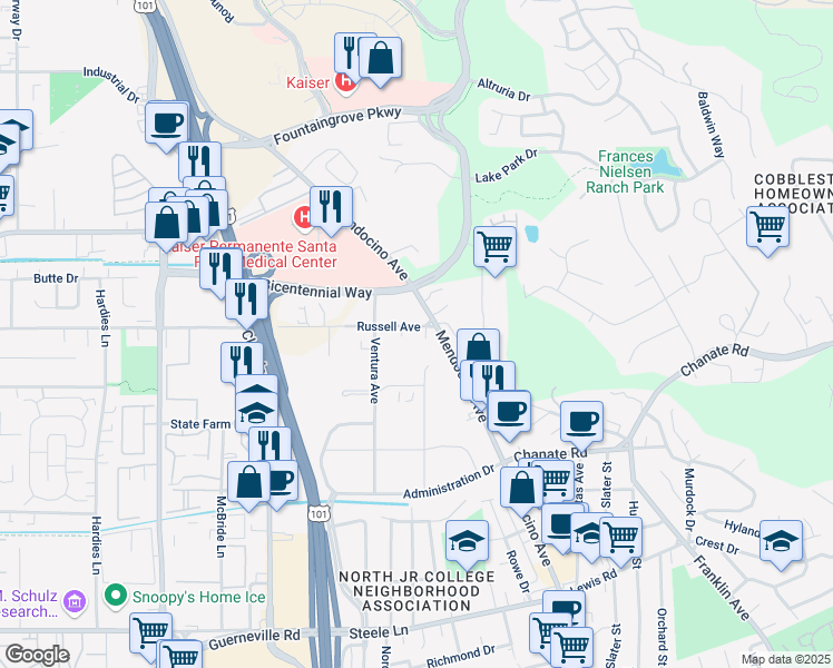map of restaurants, bars, coffee shops, grocery stores, and more near 410 Russell Avenue in Santa Rosa