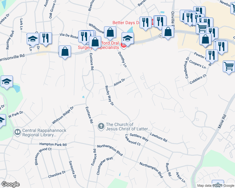map of restaurants, bars, coffee shops, grocery stores, and more near 7 Jason Court in Stafford