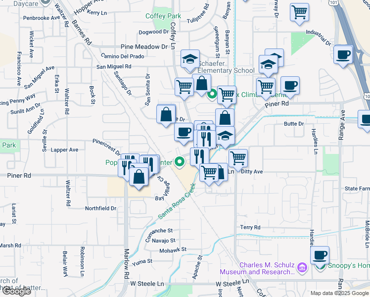 map of restaurants, bars, coffee shops, grocery stores, and more near 1821 Piner Road in Santa Rosa