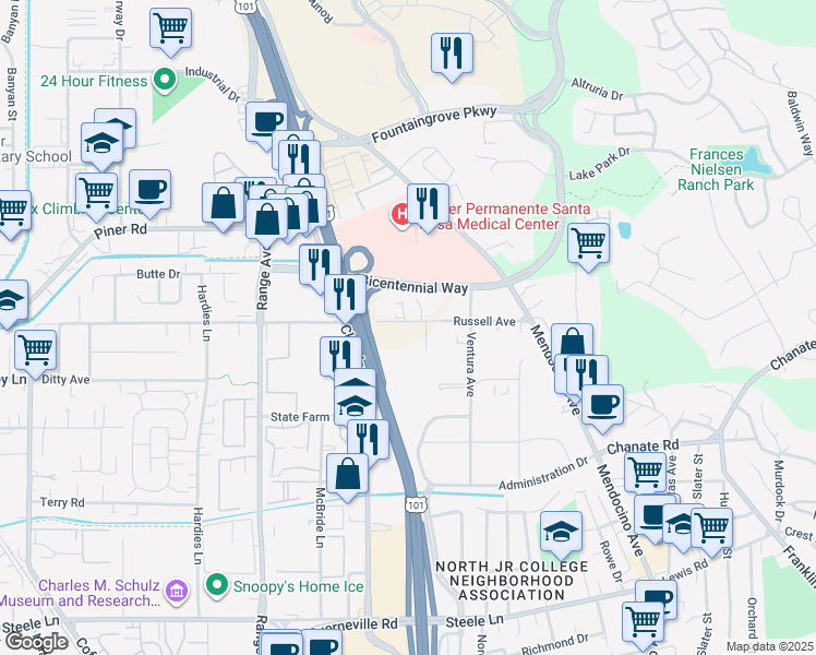 map of restaurants, bars, coffee shops, grocery stores, and more near 648 Russell Avenue in Santa Rosa