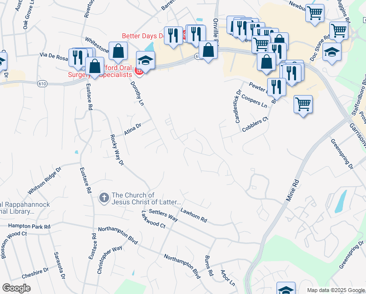 map of restaurants, bars, coffee shops, grocery stores, and more near 100 Merrill Court in Stafford