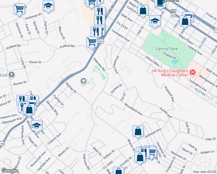 map of restaurants, bars, coffee shops, grocery stores, and more near 1161 2nd Circle in Ashland