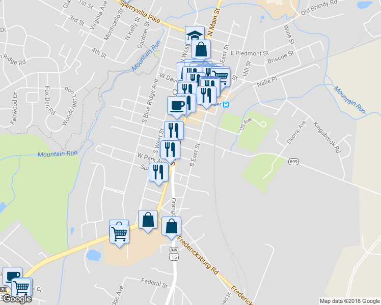 map of restaurants, bars, coffee shops, grocery stores, and more near 702 South East Street in Culpeper
