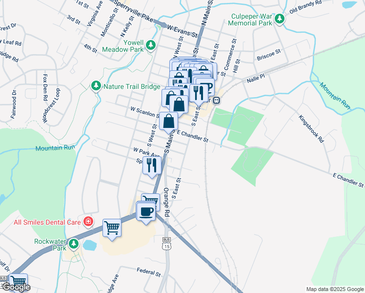 map of restaurants, bars, coffee shops, grocery stores, and more near 702 South East Street in Culpeper