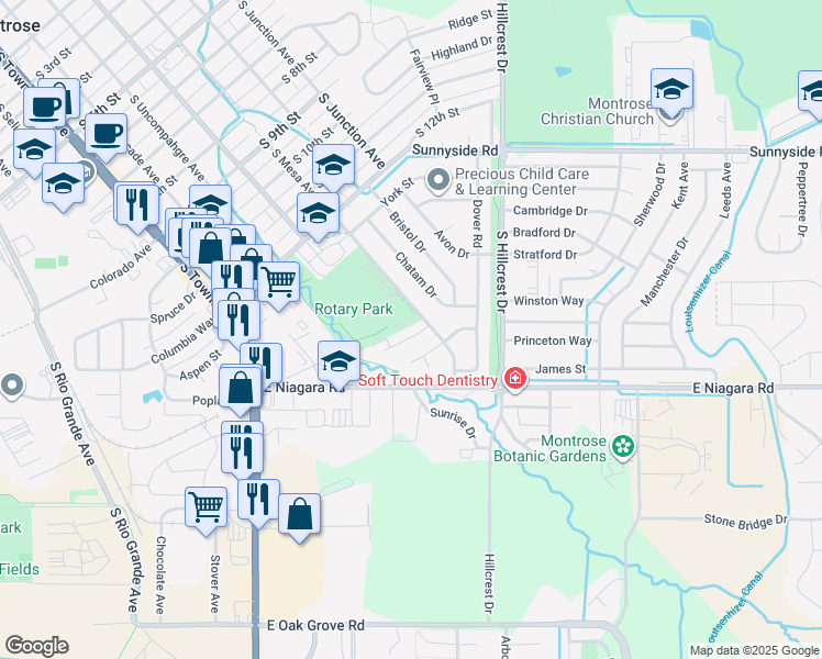 map of restaurants, bars, coffee shops, grocery stores, and more near 605 Roma Ct in Montrose