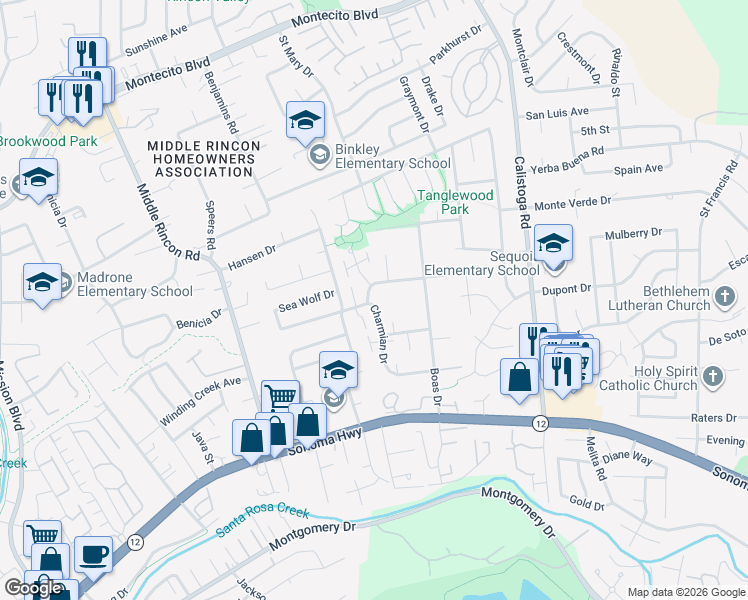 map of restaurants, bars, coffee shops, grocery stores, and more near 5019 Algiers Avenue in Santa Rosa