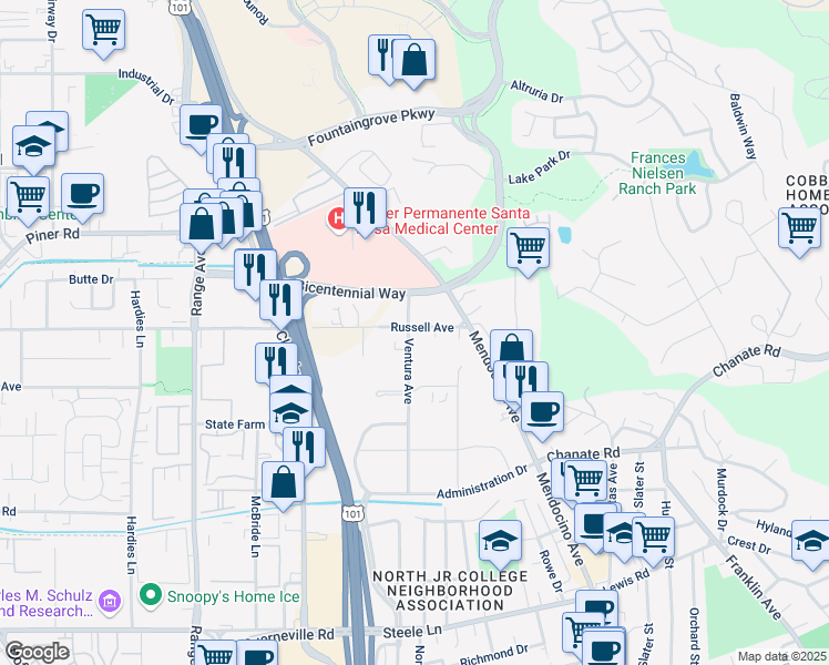 map of restaurants, bars, coffee shops, grocery stores, and more near 450 Russell Avenue in Santa Rosa