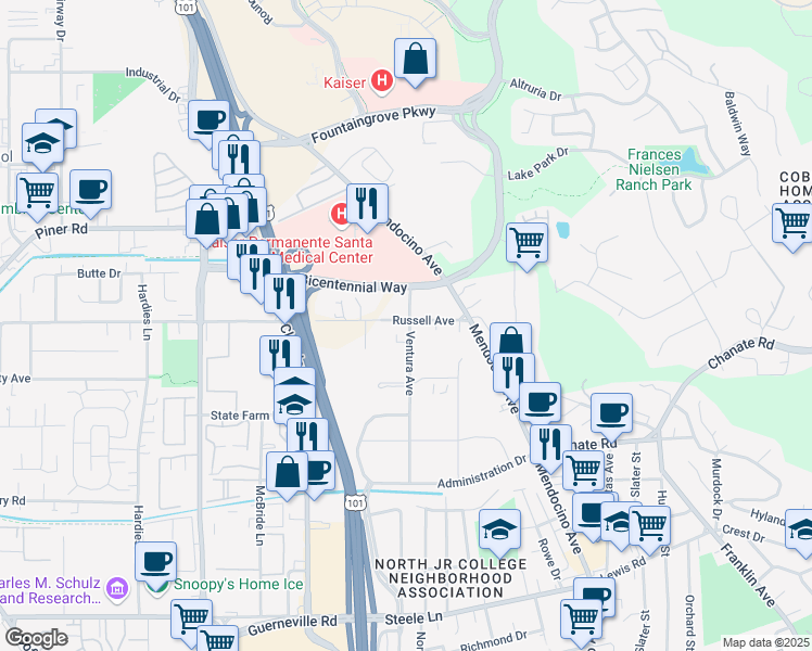 map of restaurants, bars, coffee shops, grocery stores, and more near 450 Russell Avenue in Santa Rosa