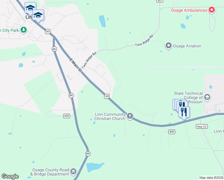 map of restaurants, bars, coffee shops, grocery stores, and more near 1465 U.S. 50 in Linn