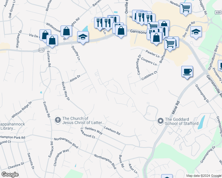 map of restaurants, bars, coffee shops, grocery stores, and more near 409 Independence Drive in Stafford
