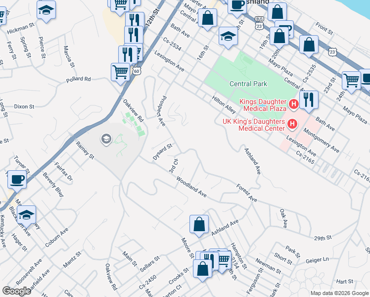 map of restaurants, bars, coffee shops, grocery stores, and more near 1923 Prospect Avenue in Ashland