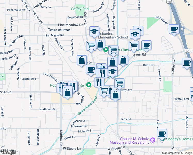 map of restaurants, bars, coffee shops, grocery stores, and more near 1801 Piner Road in Santa Rosa