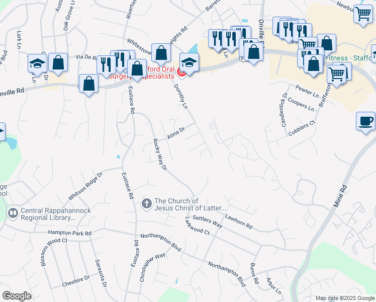 map of restaurants, bars, coffee shops, grocery stores, and more near 12 Harry Court in Stafford