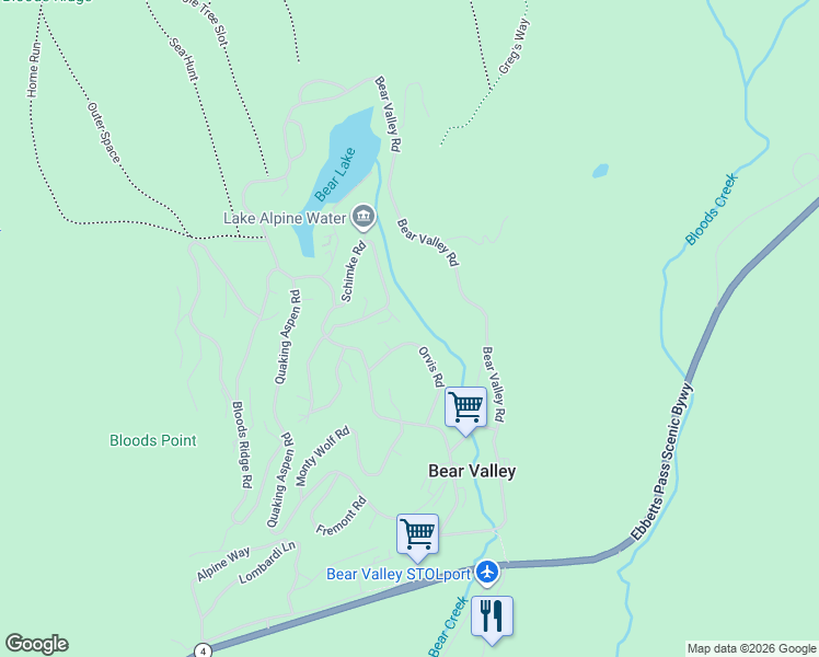 map of restaurants, bars, coffee shops, grocery stores, and more near 183 Orvis Road in Bear Valley