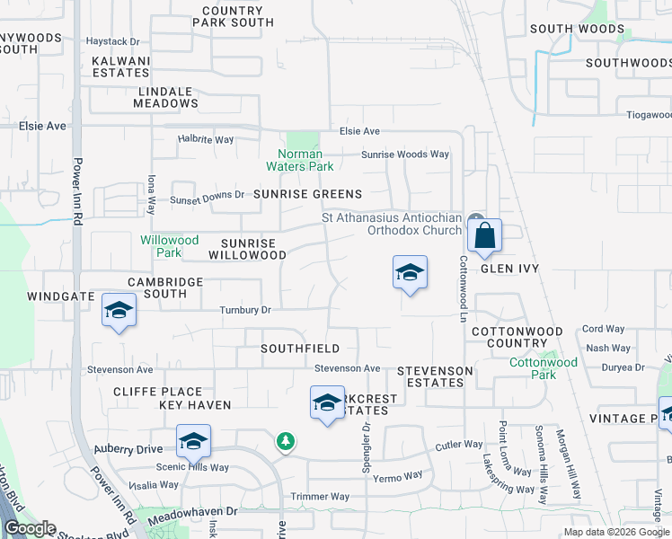 map of restaurants, bars, coffee shops, grocery stores, and more near 7923 Sunrise Greens Drive in Sacramento