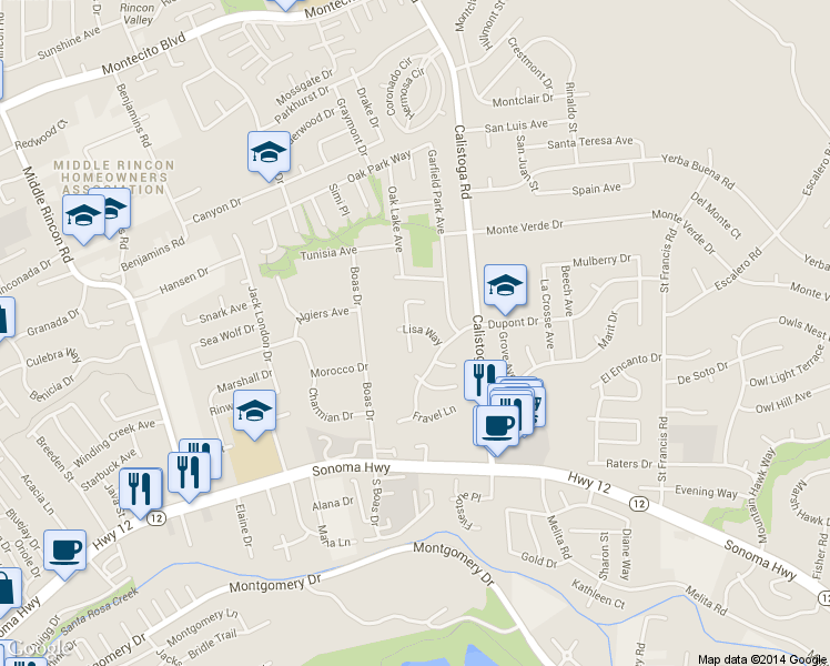 map of restaurants, bars, coffee shops, grocery stores, and more near 5100 Lisa Way in Santa Rosa
