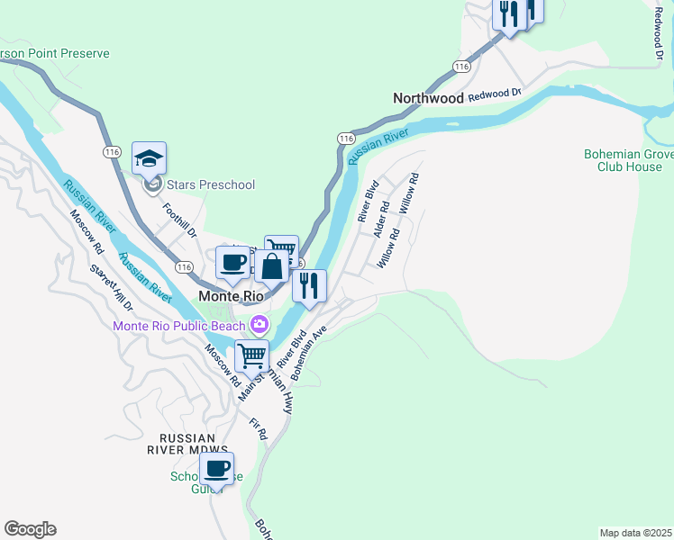 map of restaurants, bars, coffee shops, grocery stores, and more near 20540 River Boulevard in Monte Rio