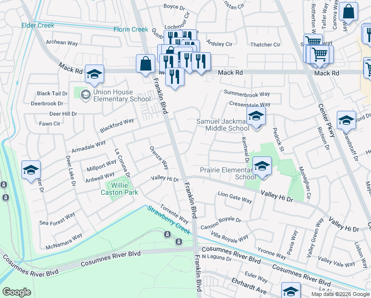 map of restaurants, bars, coffee shops, grocery stores, and more near 7950 Whisper Wood Way in Sacramento