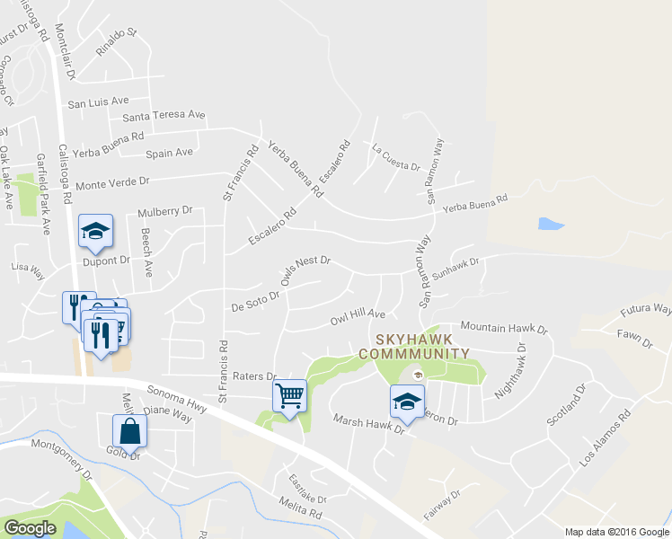 map of restaurants, bars, coffee shops, grocery stores, and more near 5786 Owls Nest Drive in Santa Rosa