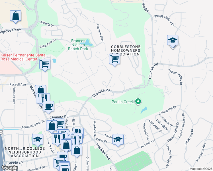 map of restaurants, bars, coffee shops, grocery stores, and more near 3195 Nielsen Road in Santa Rosa