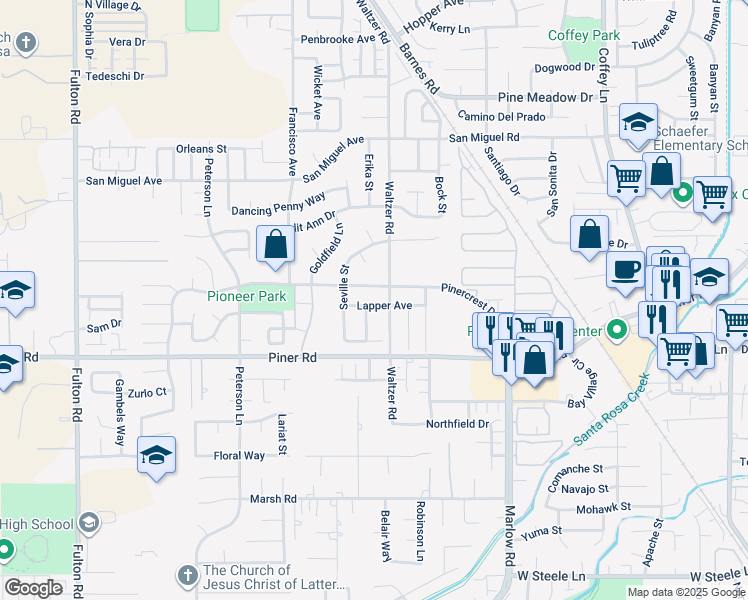 map of restaurants, bars, coffee shops, grocery stores, and more near 2107 Lapper Avenue in Santa Rosa
