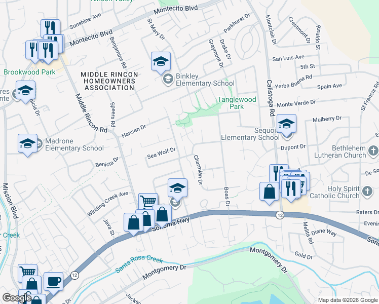 map of restaurants, bars, coffee shops, grocery stores, and more near 5019 Algiers Avenue in Santa Rosa