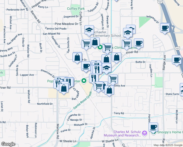 map of restaurants, bars, coffee shops, grocery stores, and more near 1801 Piner Road in Santa Rosa