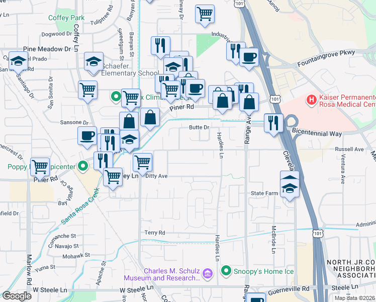 map of restaurants, bars, coffee shops, grocery stores, and more near 1433 Russell Avenue in Santa Rosa