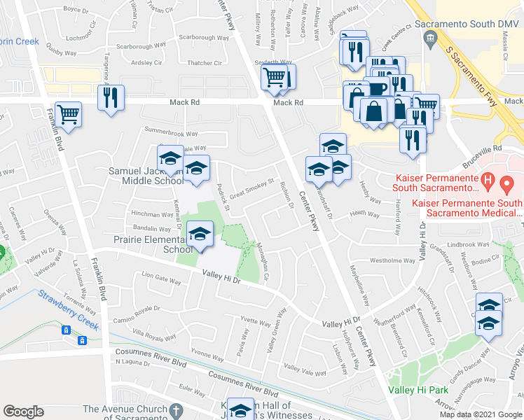 map of restaurants, bars, coffee shops, grocery stores, and more near 46 Paramount Circle in Sacramento