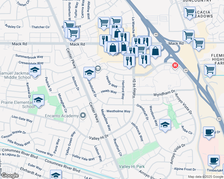 map of restaurants, bars, coffee shops, grocery stores, and more near 6199 Heath Way in Sacramento