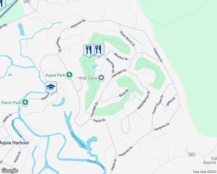 map of restaurants, bars, coffee shops, grocery stores, and more near 2021 Farragut Drive in Stafford