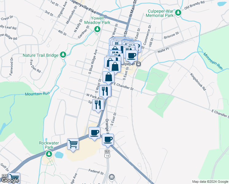 map of restaurants, bars, coffee shops, grocery stores, and more near 113 East Asher Street in Culpeper