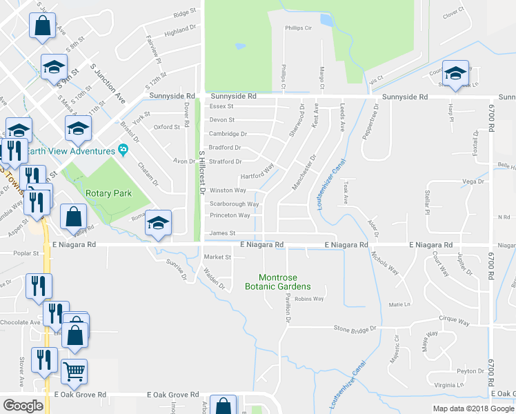 map of restaurants, bars, coffee shops, grocery stores, and more near 2052 Scarborough Way in Montrose