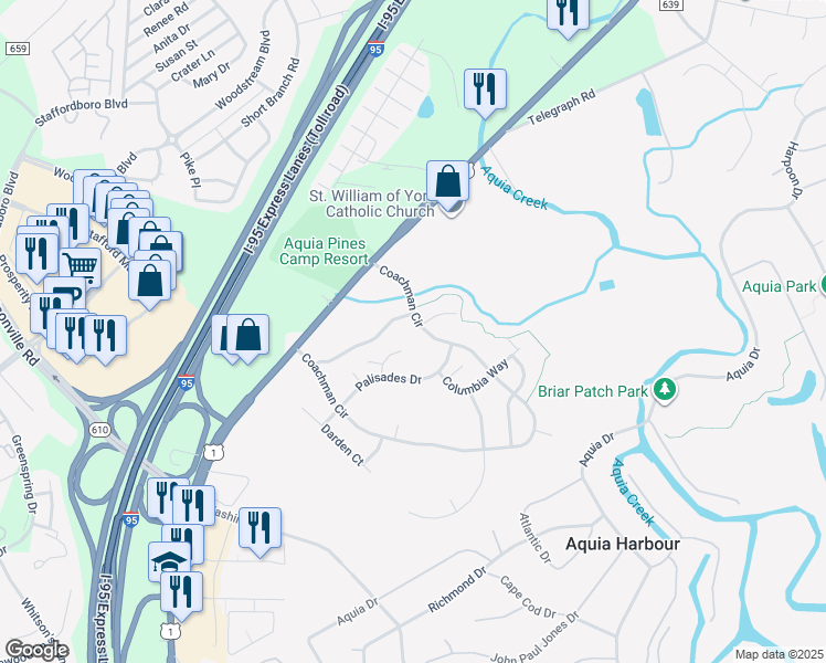 map of restaurants, bars, coffee shops, grocery stores, and more near 143 Coachman Circle in Stafford