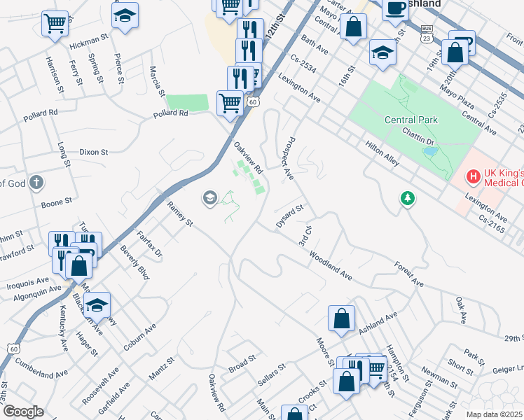 map of restaurants, bars, coffee shops, grocery stores, and more near 1700 Oakview Road in Ashland
