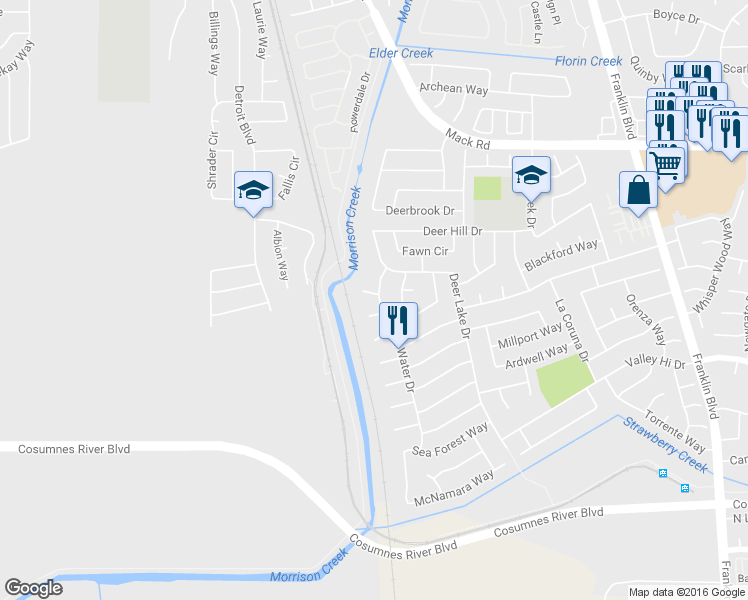 map of restaurants, bars, coffee shops, grocery stores, and more near 7947 Deer Water Drive in Sacramento
