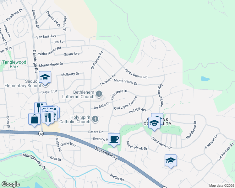 map of restaurants, bars, coffee shops, grocery stores, and more near 5754 Owls Nest Drive in Santa Rosa