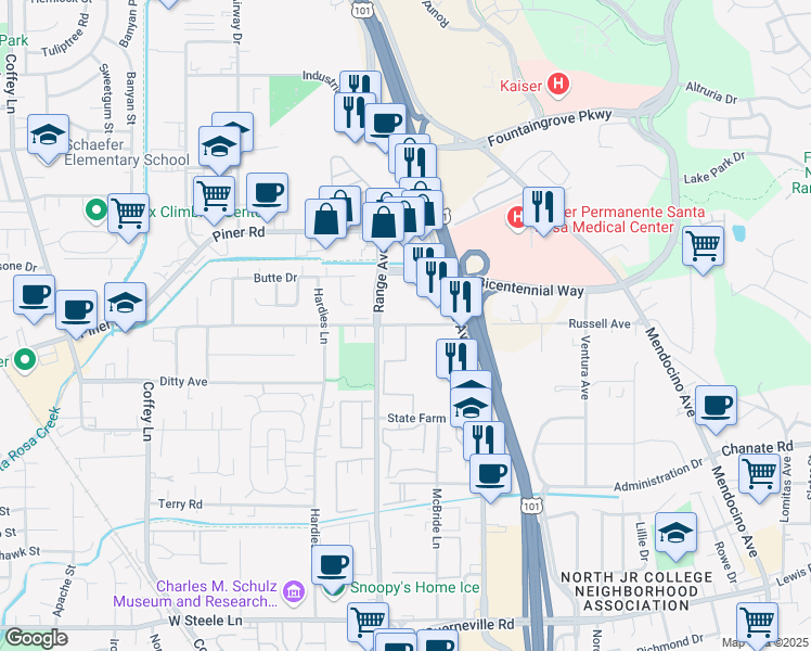 map of restaurants, bars, coffee shops, grocery stores, and more near 833 Russell Avenue in Santa Rosa