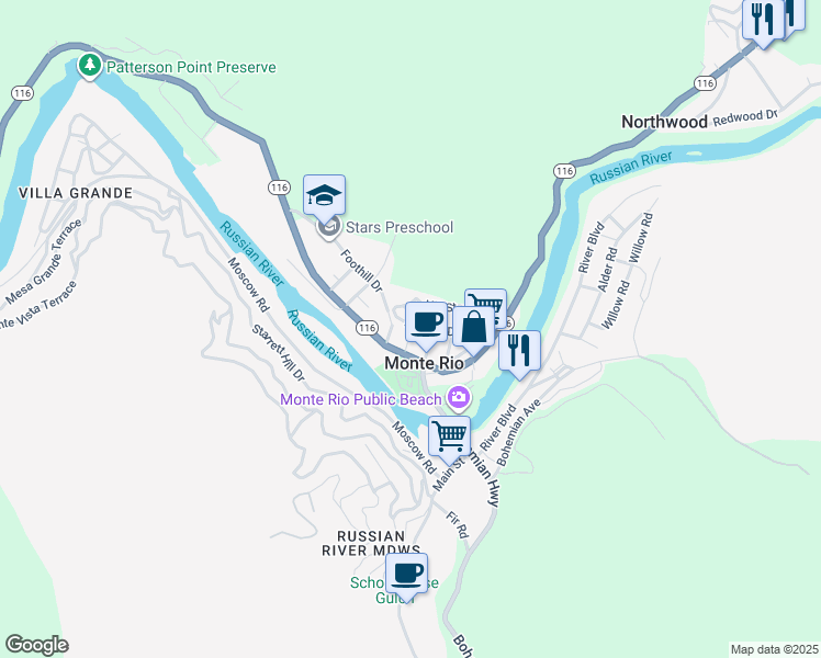 map of restaurants, bars, coffee shops, grocery stores, and more near 19110 B Street in Monte Rio
