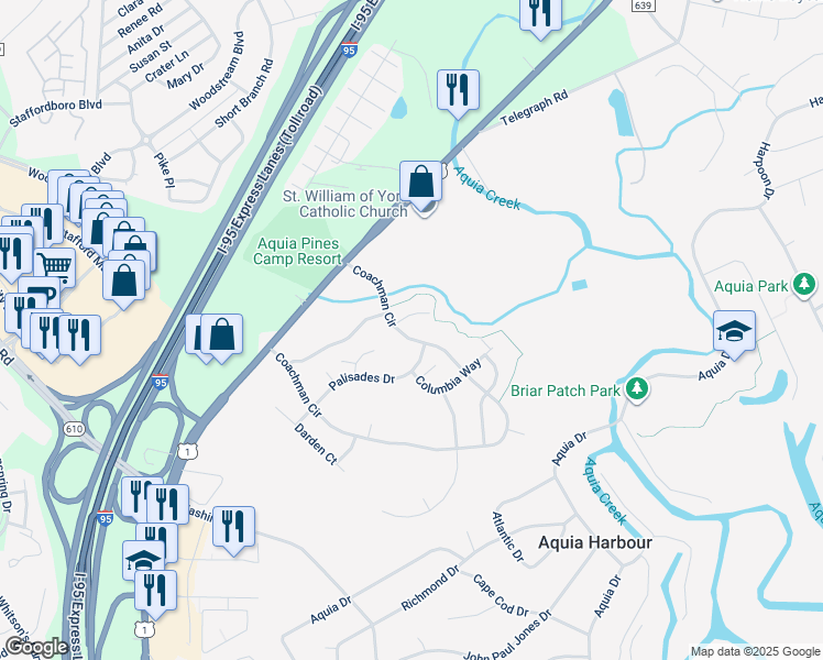 map of restaurants, bars, coffee shops, grocery stores, and more near 136 Coachman Circle in Stafford
