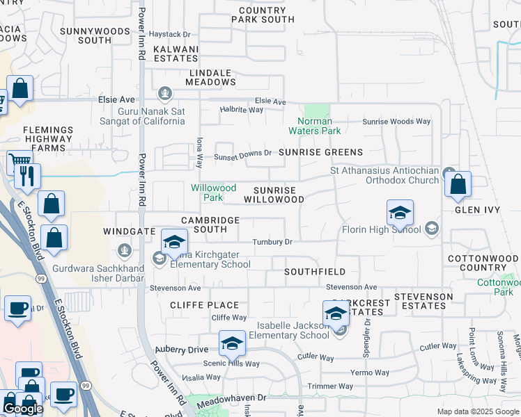 map of restaurants, bars, coffee shops, grocery stores, and more near 8280 Summer Falls Circle in Sacramento