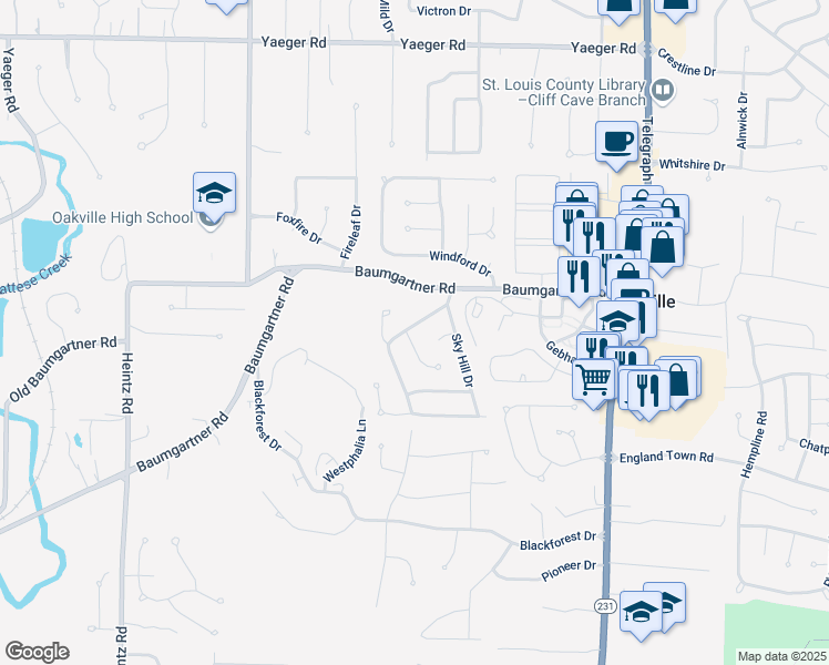map of restaurants, bars, coffee shops, grocery stores, and more near 2740 Chalet Forest Drive in St. Louis