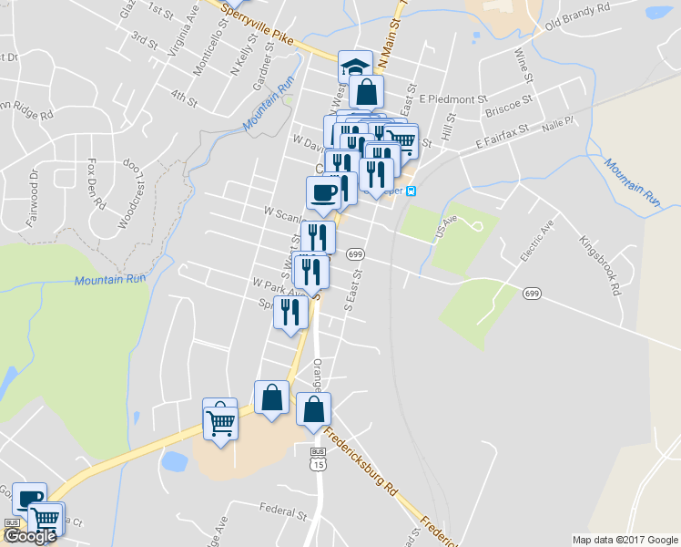 map of restaurants, bars, coffee shops, grocery stores, and more near 113 East Asher Street in Culpeper