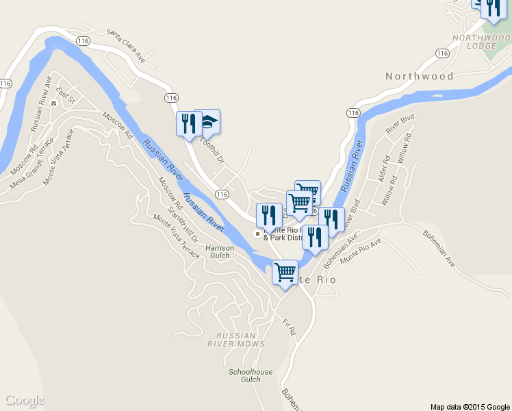 map of restaurants, bars, coffee shops, grocery stores, and more near 19110 B Street in Monte Rio