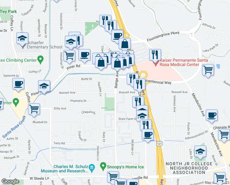 map of restaurants, bars, coffee shops, grocery stores, and more near Range Avenue & Russell Avenue in Santa Rosa