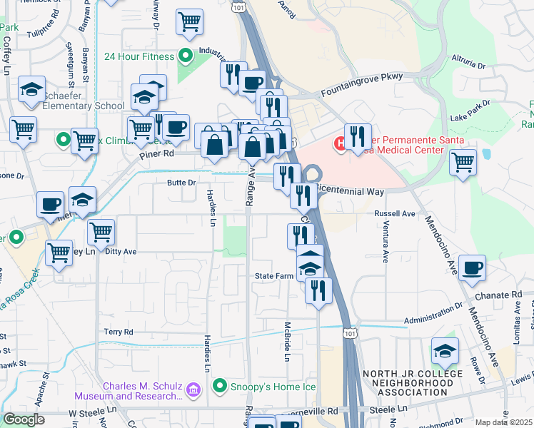 map of restaurants, bars, coffee shops, grocery stores, and more near Russell Avenue in Santa Rosa