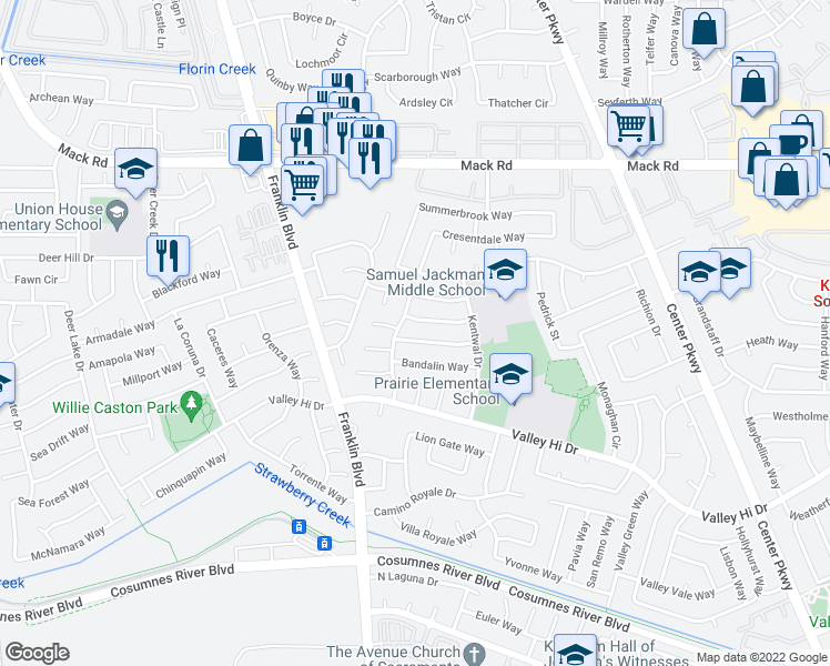 map of restaurants, bars, coffee shops, grocery stores, and more near 4817 Hinchman Way in Sacramento